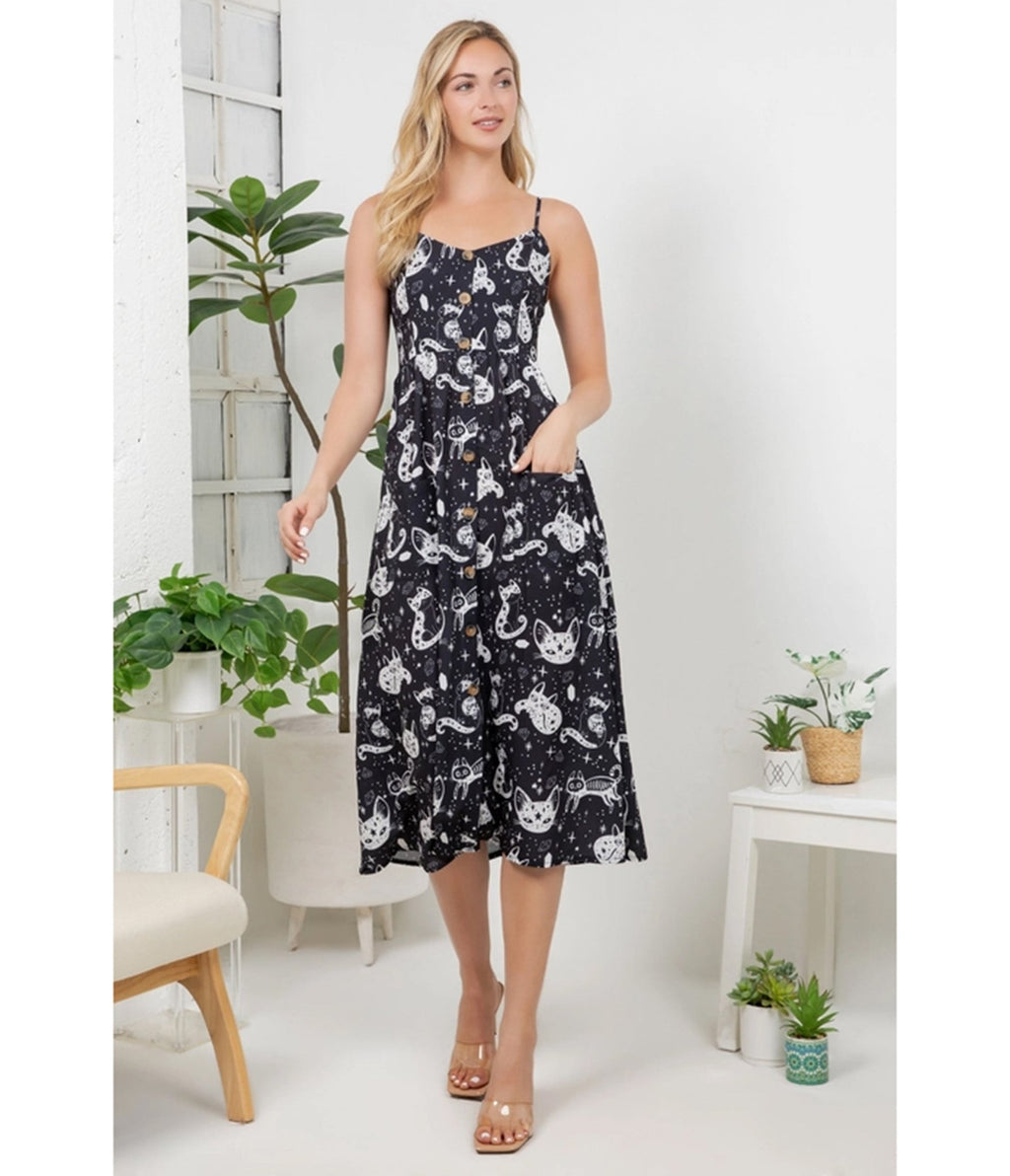 Black Celestial Cat Print Midi Dress - Unique Vintage - Womens, DRESSES, MIDI