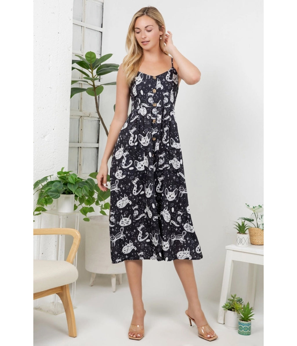 Black Celestial Cat Print Midi Dress - Unique Vintage - Womens, DRESSES, MIDI