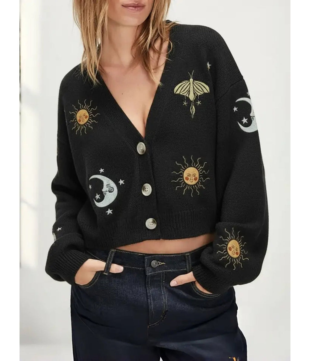 Black Celestial Embroidered Cropped Cardigan - Unique Vintage - Womens, TOPS, WOVEN TOPS