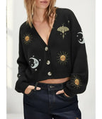 Black Celestial Embroidered Cropped Cardigan - Unique Vintage - Womens, TOPS, WOVEN TOPS
