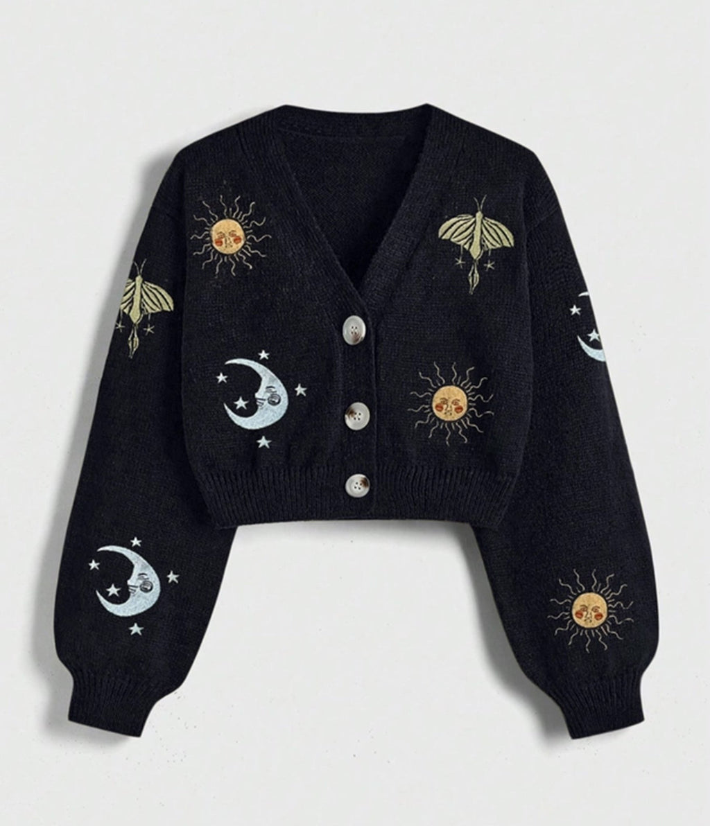 Black Celestial Embroidered Cropped Cardigan - Unique Vintage - Womens, TOPS, WOVEN TOPS