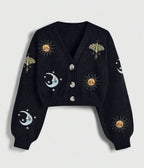 Black Celestial Embroidered Cropped Cardigan - Unique Vintage - Womens, TOPS, WOVEN TOPS