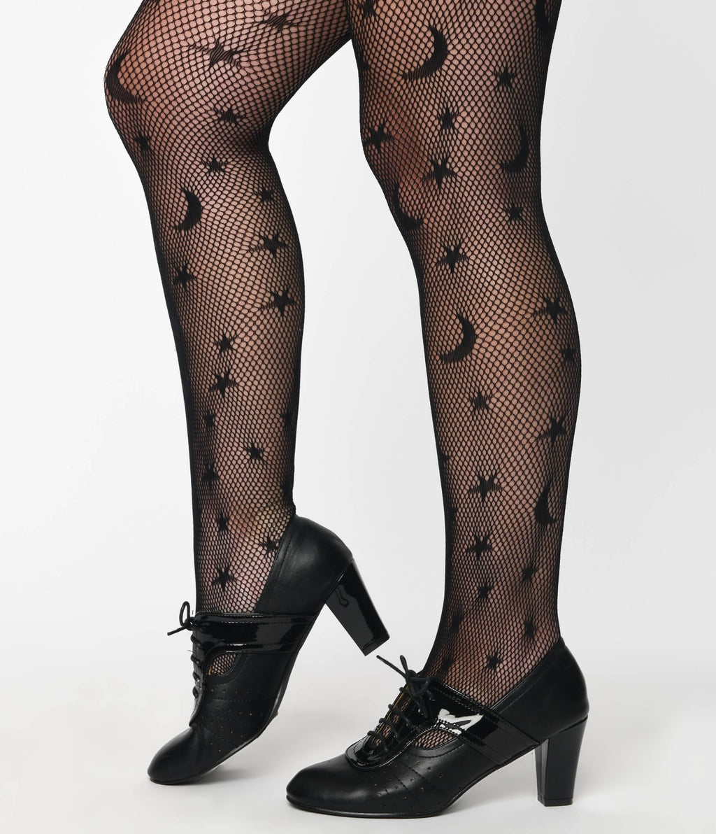 Black Celestial Fishnet Tights - Unique Vintage - Womens, HALLOWEEN, ACCESSORIES