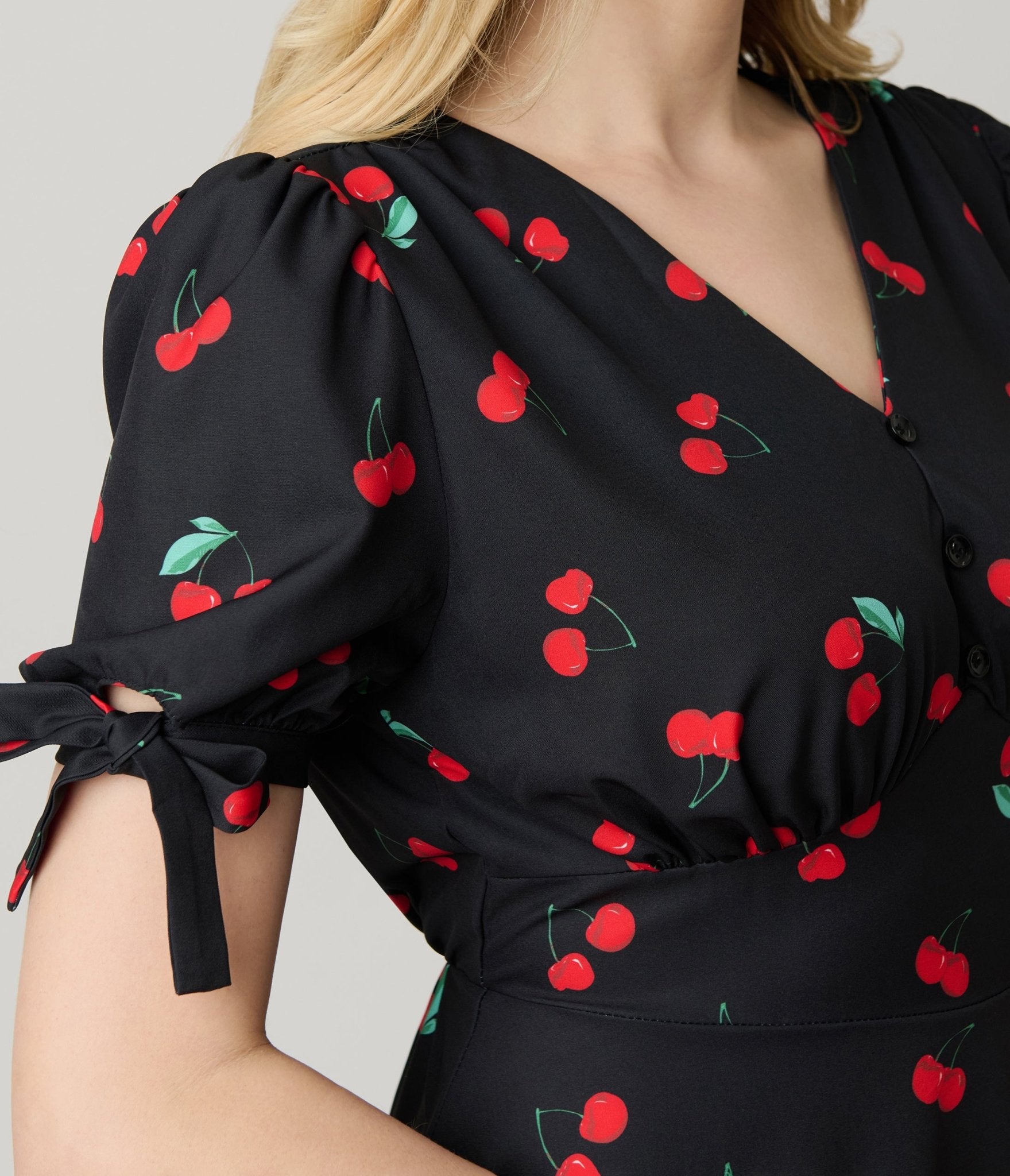 Black & Cherry Print Fit & Flare Dress - Unique Vintage - Womens, DRESSES, FIT AND FLARE