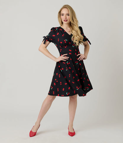Black & Cherry Print Fit & Flare Dress - Unique Vintage - Womens, DRESSES, FIT AND FLARE