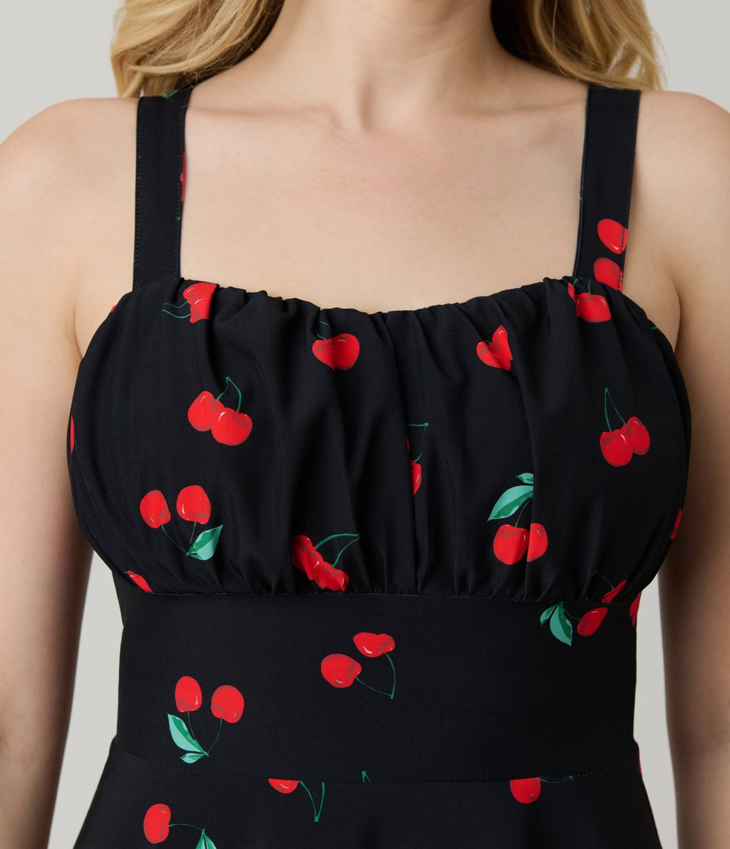 Black Cherry Print Sleeveless Fit & Flare Dress - Unique Vintage - Womens, DRESSES, FIT AND FLARE