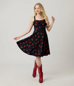 Black Cherry Print Sleeveless Fit & Flare Dress - Unique Vintage - Womens, DRESSES, FIT AND FLARE