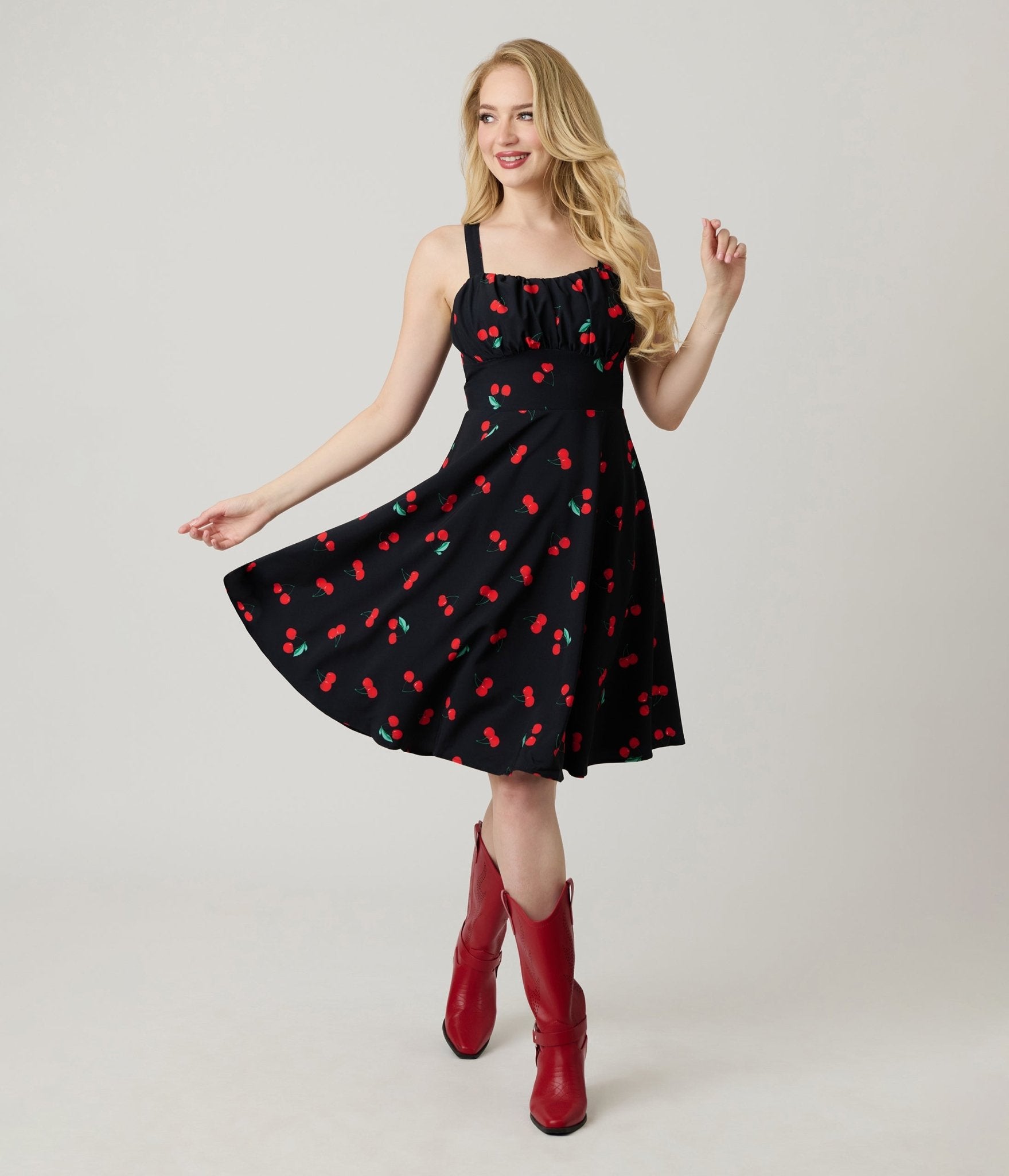 Black Cherry Print Sleeveless Fit & Flare Dress - Unique Vintage - Womens, DRESSES, FIT AND FLARE