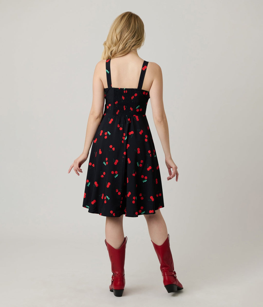 Black Cherry Print Sleeveless Fit & Flare Dress - Unique Vintage - Womens, DRESSES, FIT AND FLARE