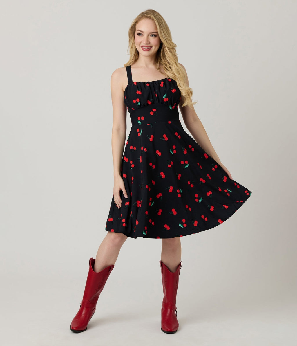 Black Cherry Print Sleeveless Fit & Flare Dress - Unique Vintage - Womens, DRESSES, FIT AND FLARE