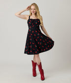 Black Cherry Print Sleeveless Fit & Flare Dress - Unique Vintage - Womens, DRESSES, FIT AND FLARE