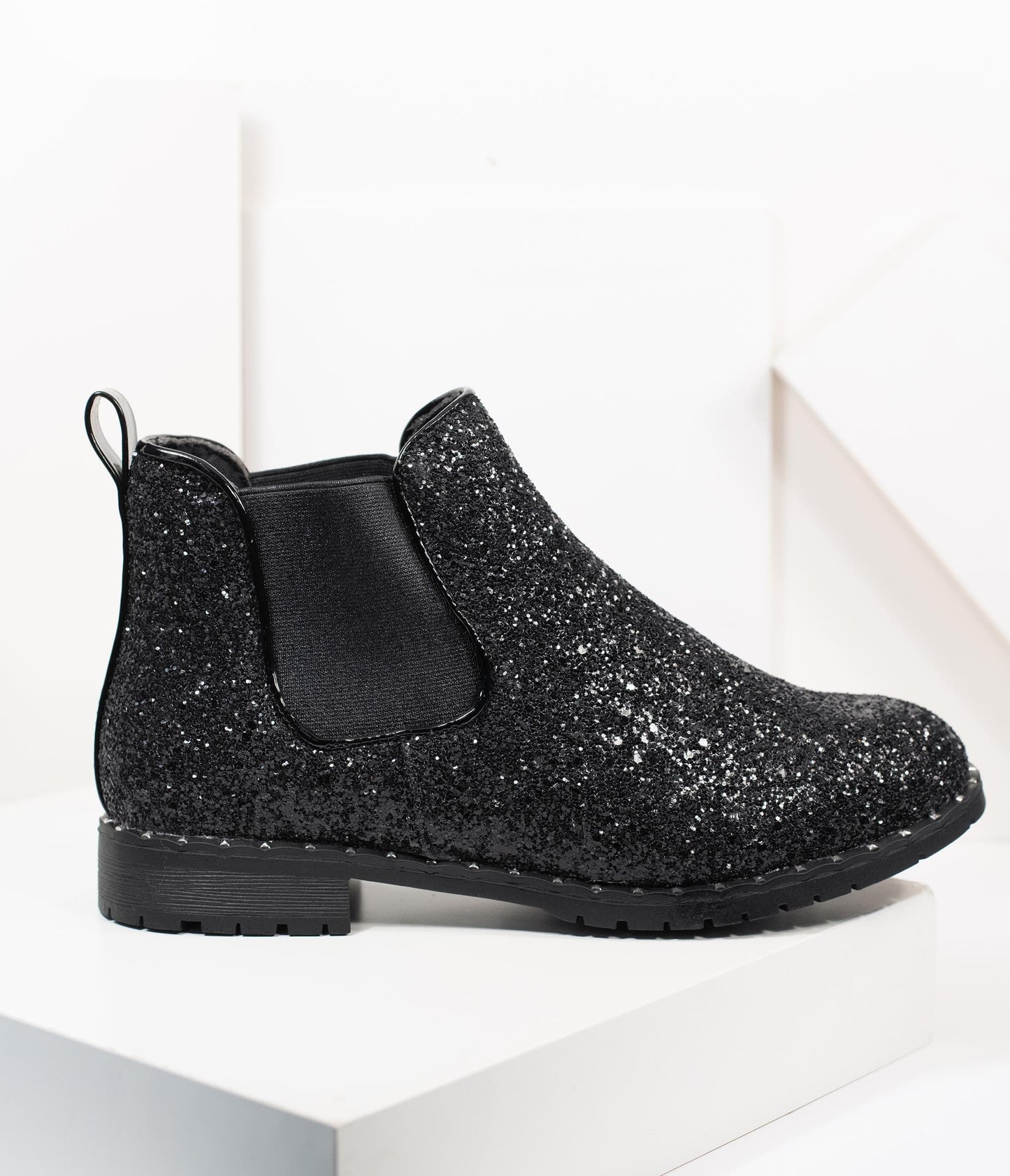 Black Chunky Glitter Chelsea Boot - Unique Vintage - Womens, SHOES, BOOTS