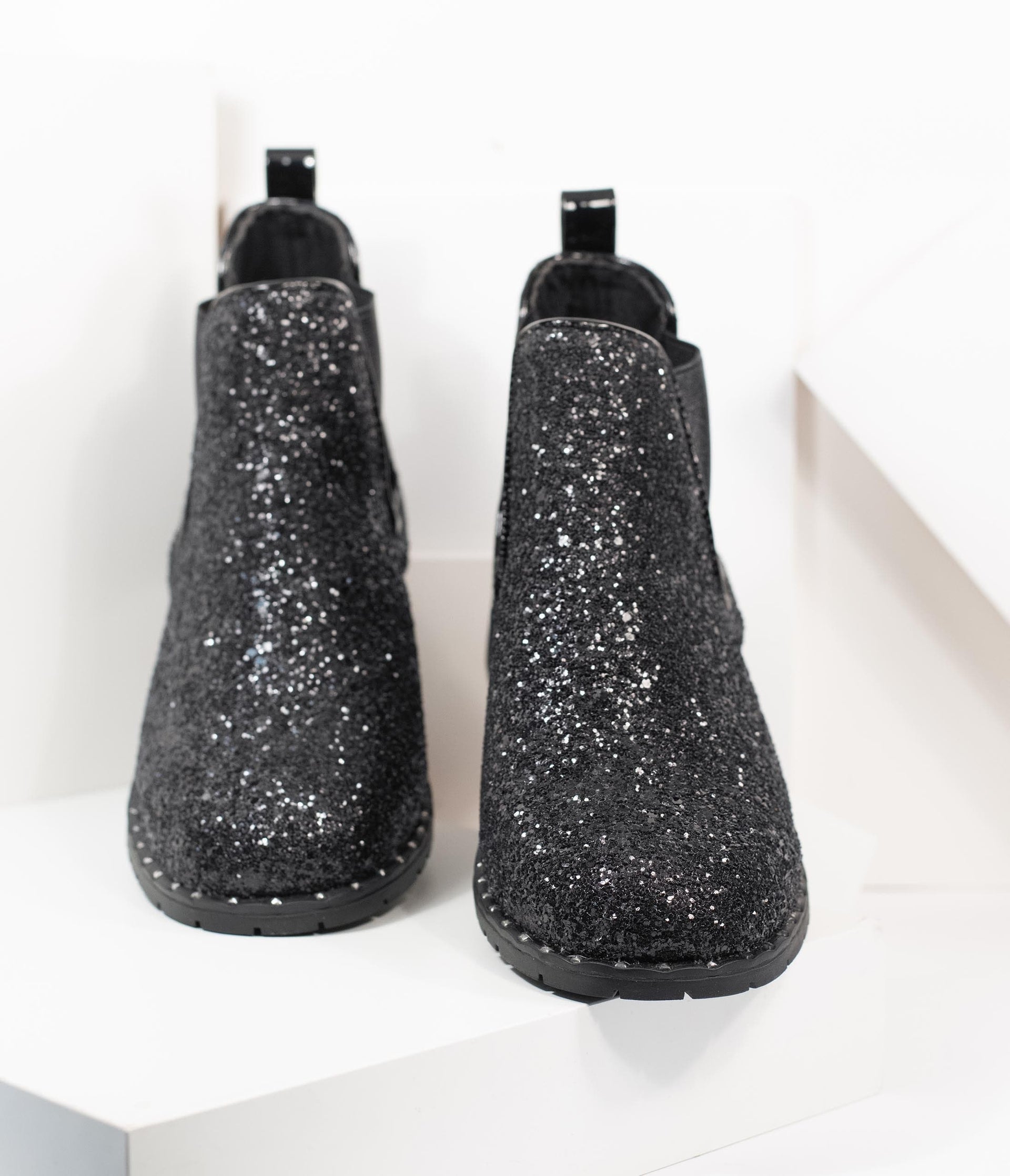 Black Chunky Glitter Chelsea Boot - Unique Vintage - Womens, SHOES, BOOTS