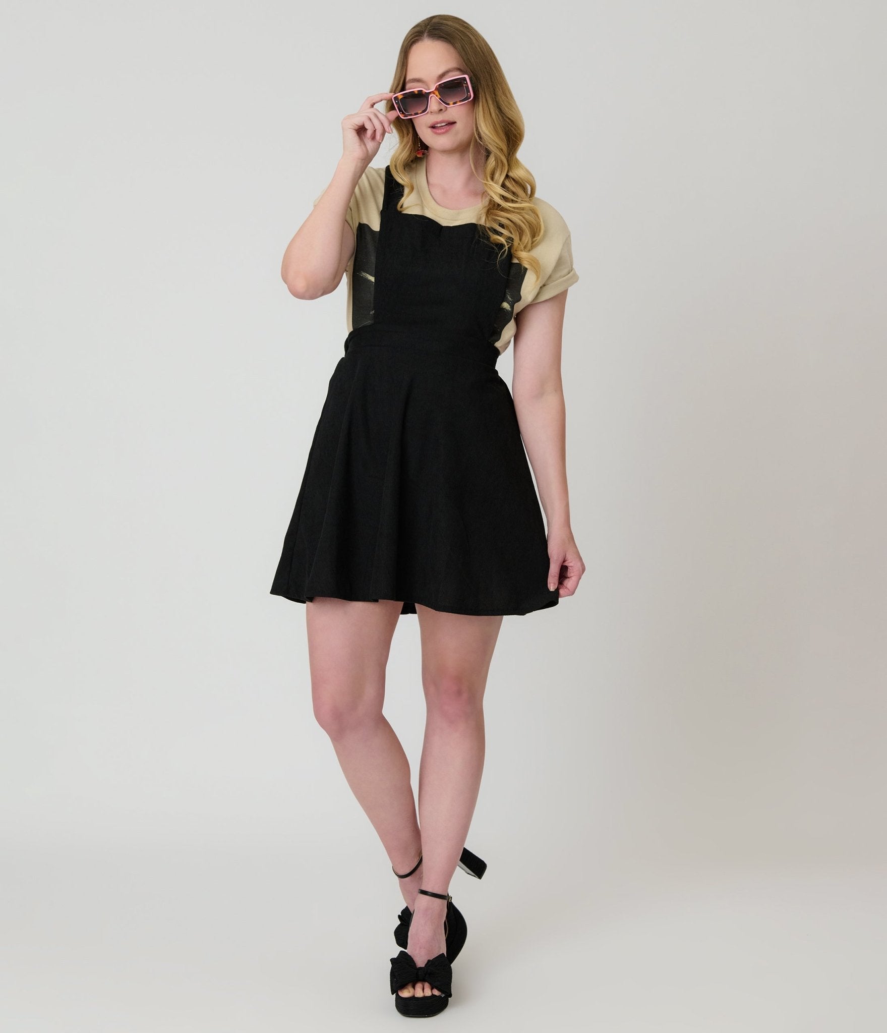 Black Corduroy Pinafore Flare Skirt - Unique Vintage - Womens, BOTTOMS, SKIRTS