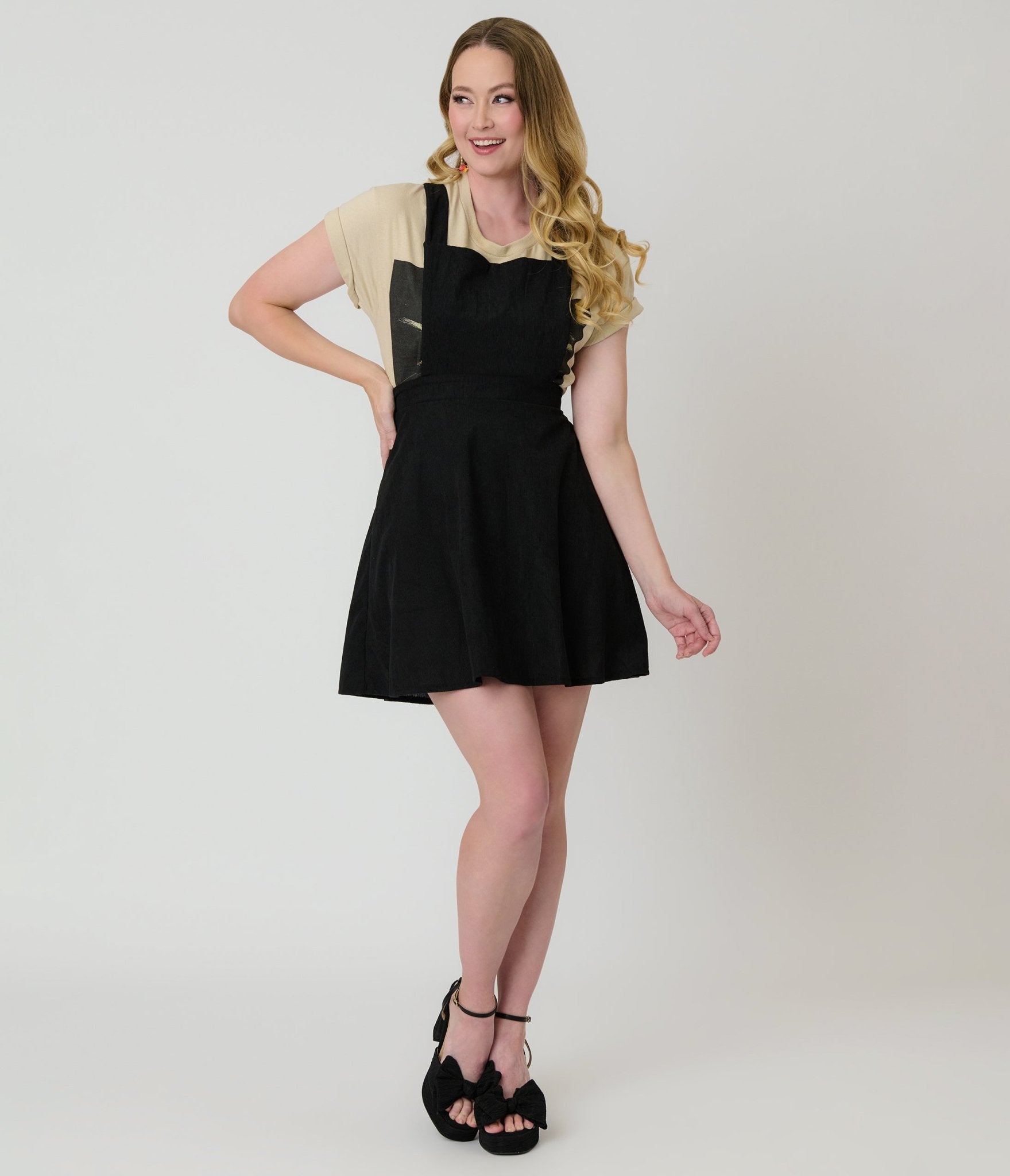 Black Corduroy Pinafore Flare Skirt - Unique Vintage - Womens, BOTTOMS, SKIRTS