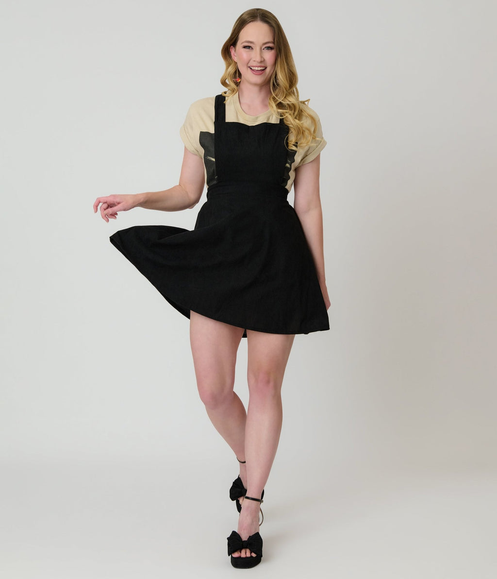 Black Corduroy Pinafore Flare Skirt - Unique Vintage - Womens, BOTTOMS, SKIRTS