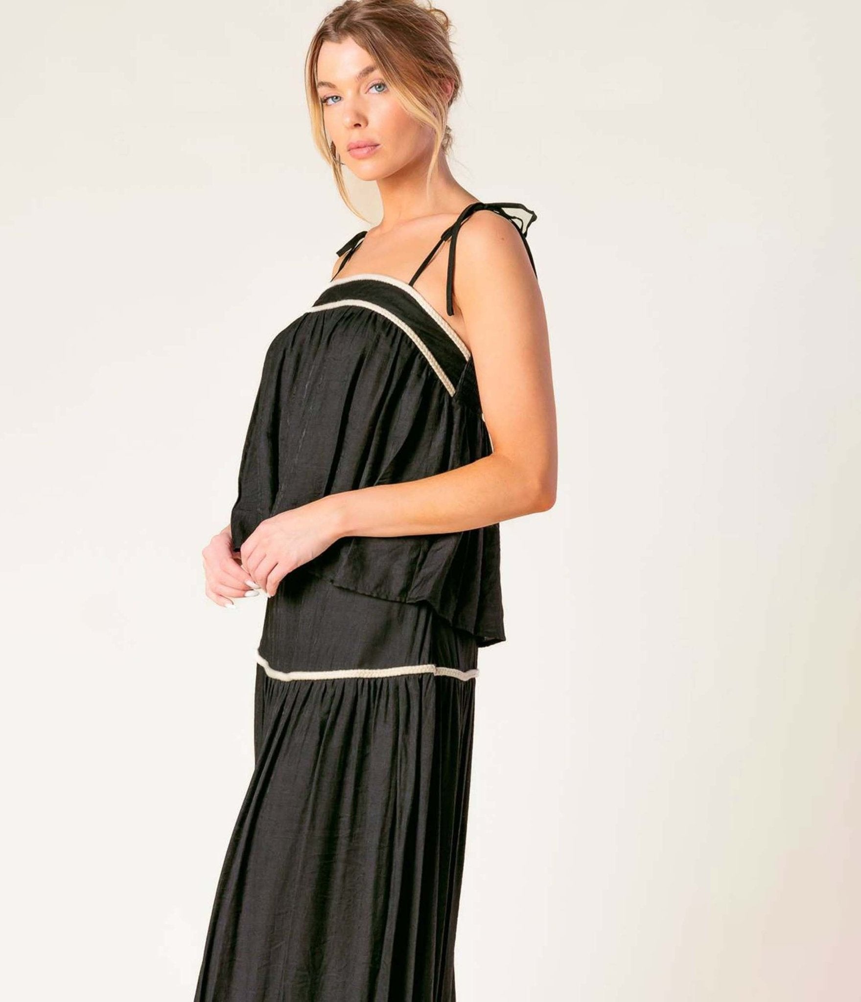 Black & Cream Divide & Contour Top & Skirt Set - Unique Vintage - Womens, DRESSES, MIDI