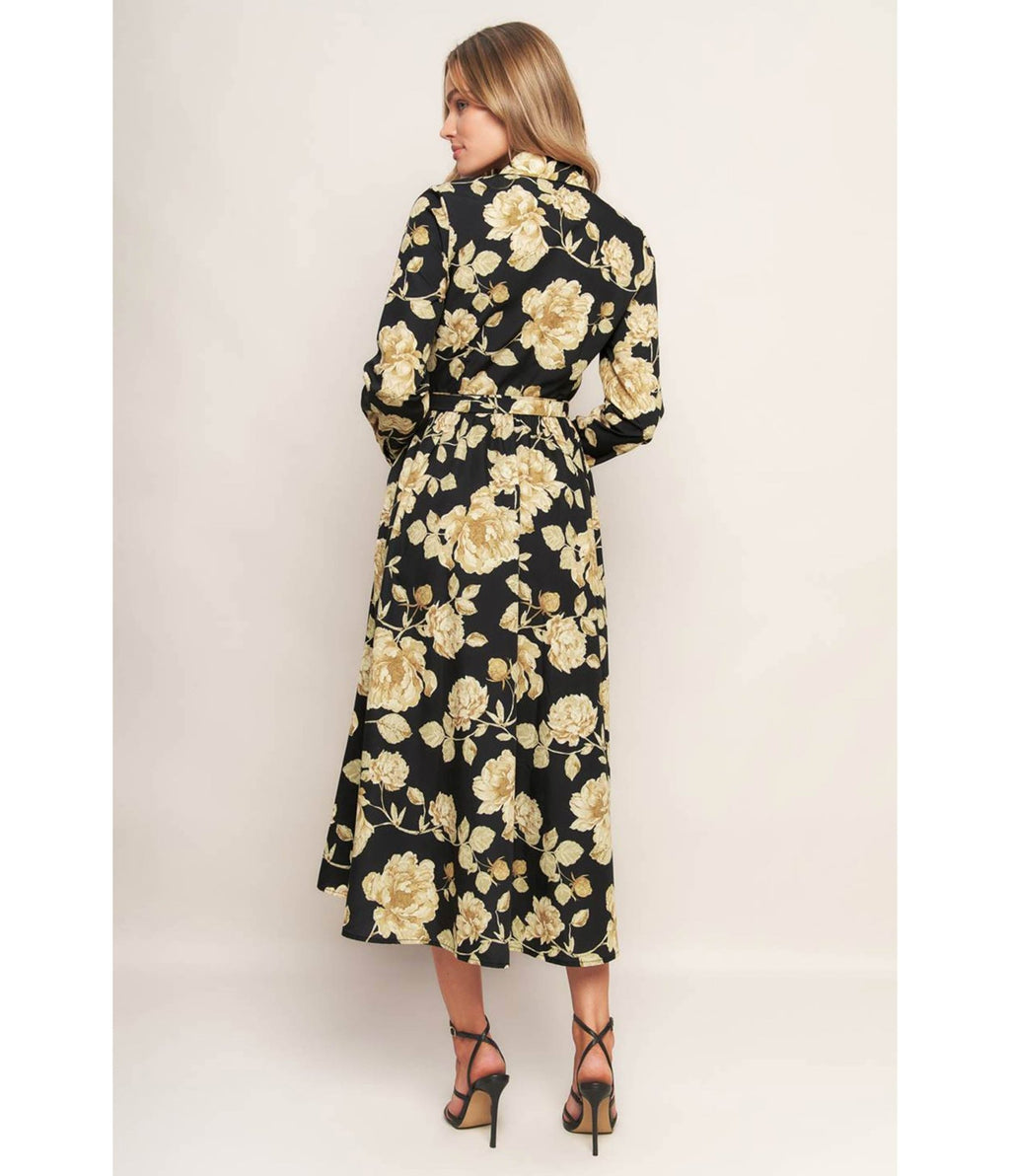 Black Cream Floral Midnight Bloom Midi Dress - Unique Vintage - Womens, DRESSES, MIDI