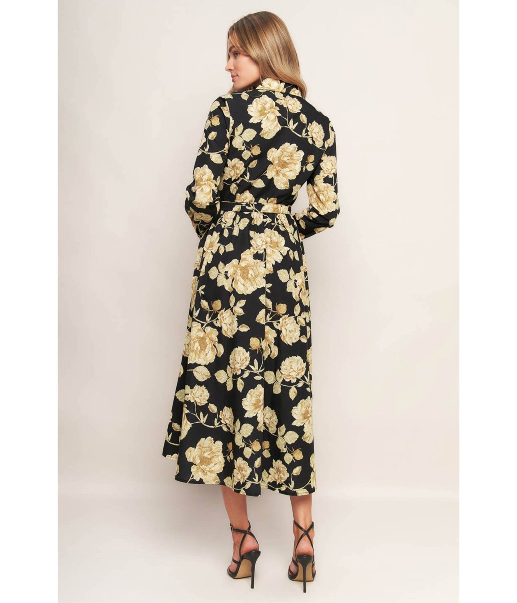 Black Cream Floral Midnight Bloom Midi Dress - Unique Vintage - Womens, DRESSES, MIDI
