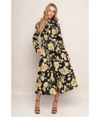 Black Cream Floral Midnight Bloom Midi Dress - Unique Vintage - Womens, DRESSES, MIDI