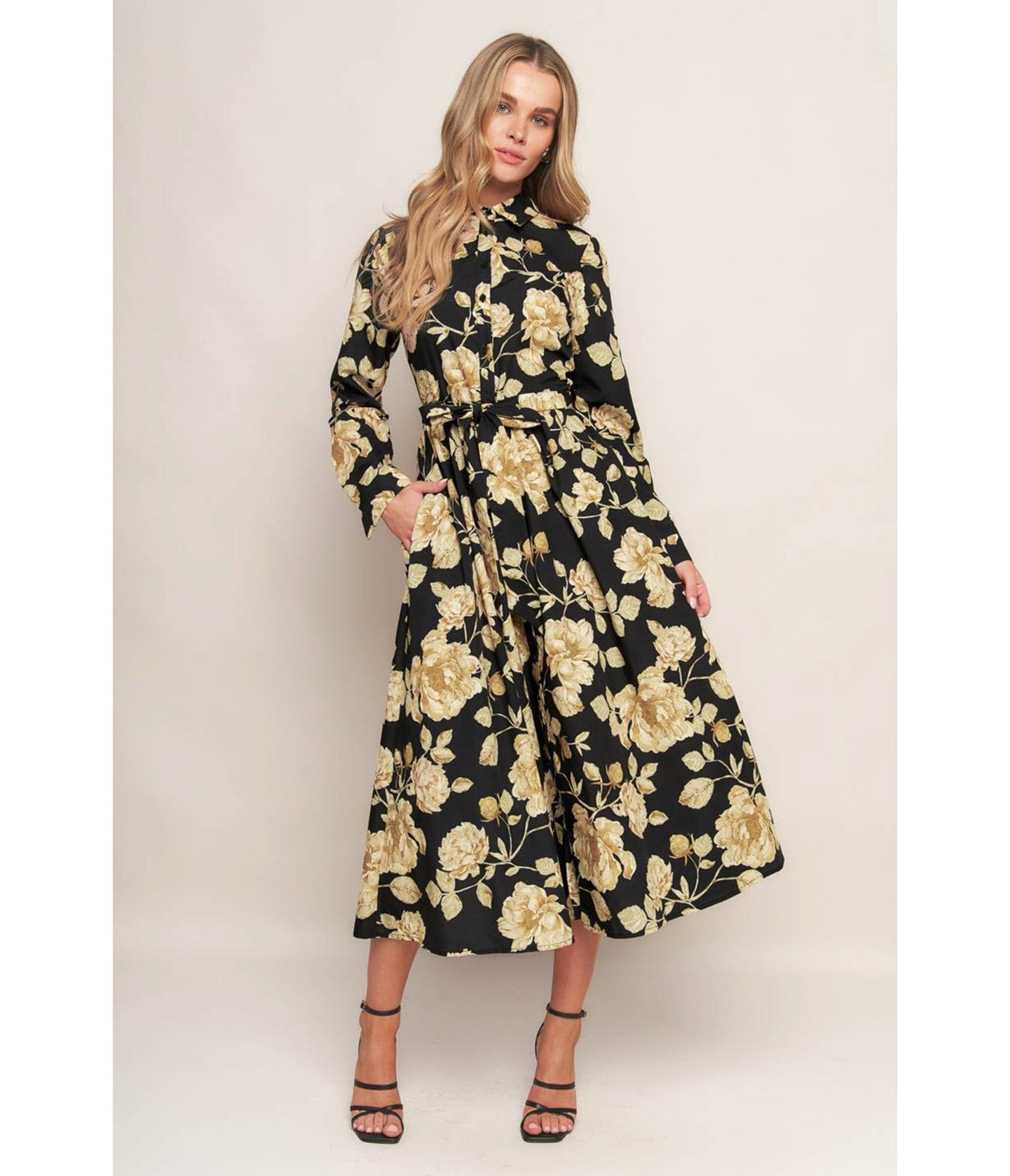 Black Cream Floral Midnight Bloom Midi Dress - Unique Vintage - Womens, DRESSES, MIDI