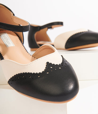 Black & Cream Leatherette Saddle Mary Jane Flats - Unique Vintage - Womens, SHOES, FLATS