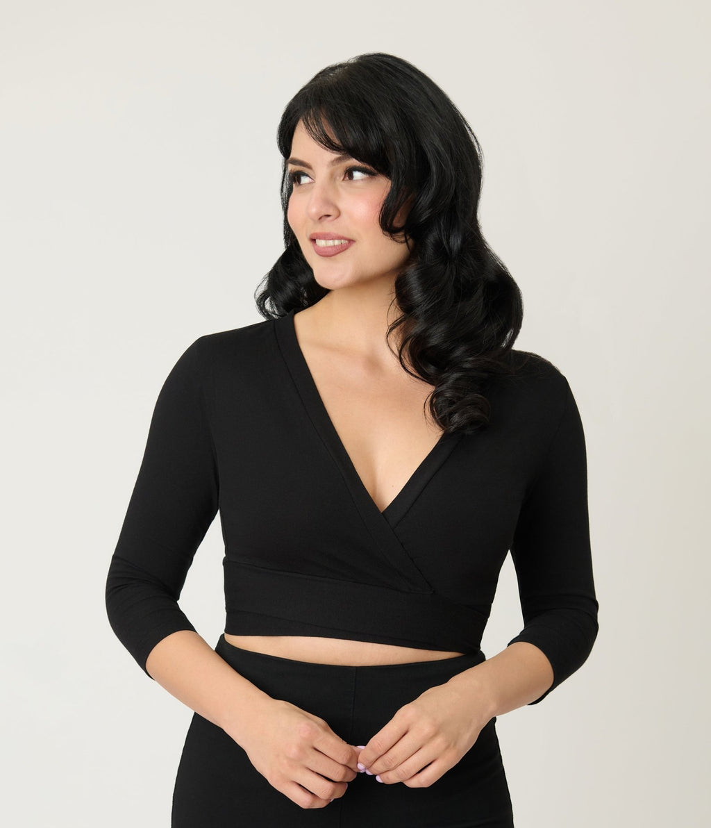 Black Crop Tie Sweater - Unique Vintage - Womens, TOPS, KNIT TOPS