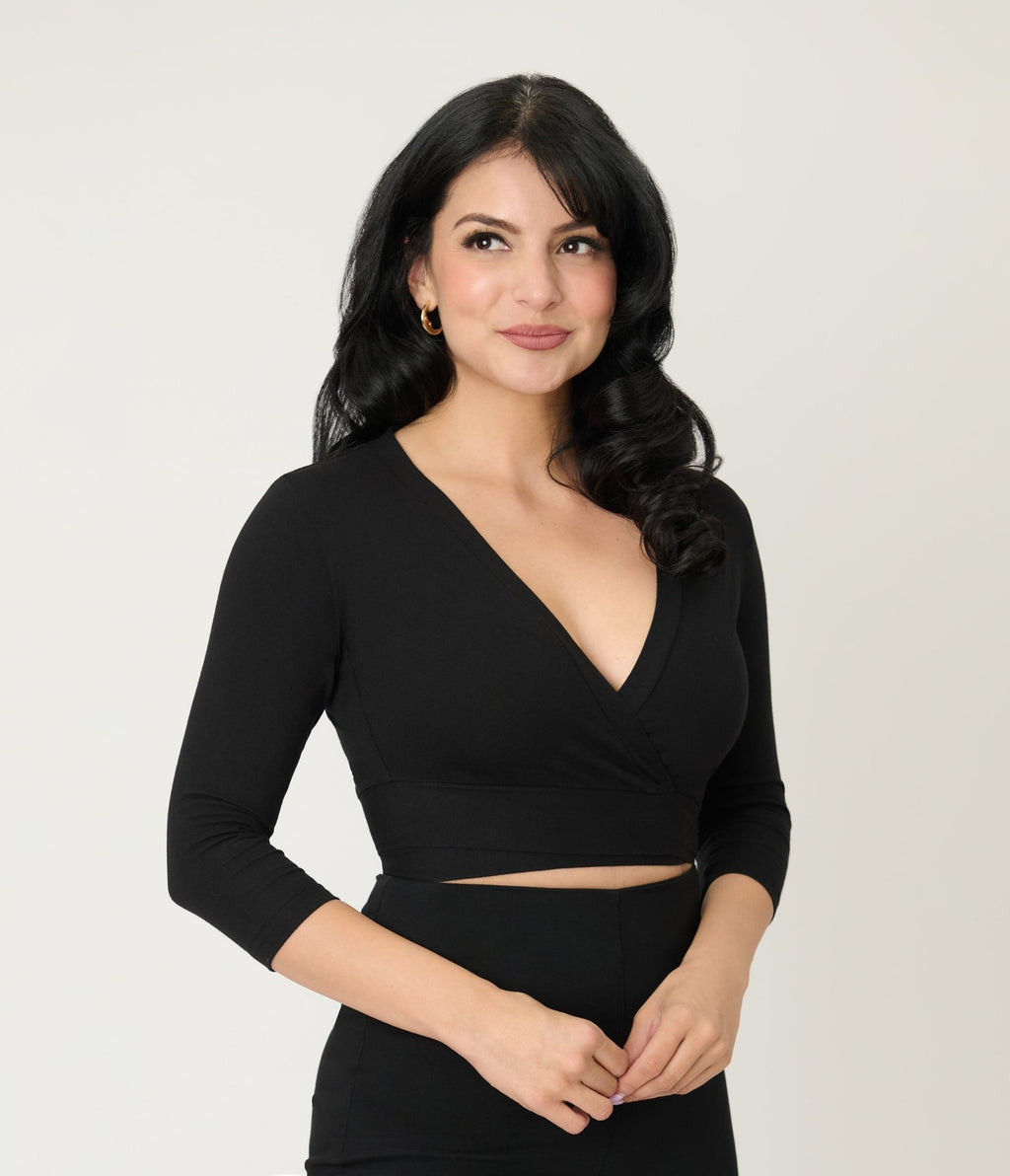 Black Crop Tie Sweater - Unique Vintage - Womens, TOPS, KNIT TOPS