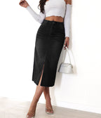 Black Denim Chic Split Midi Skirt - Unique Vintage - Womens, BOTTOMS, SKIRTS