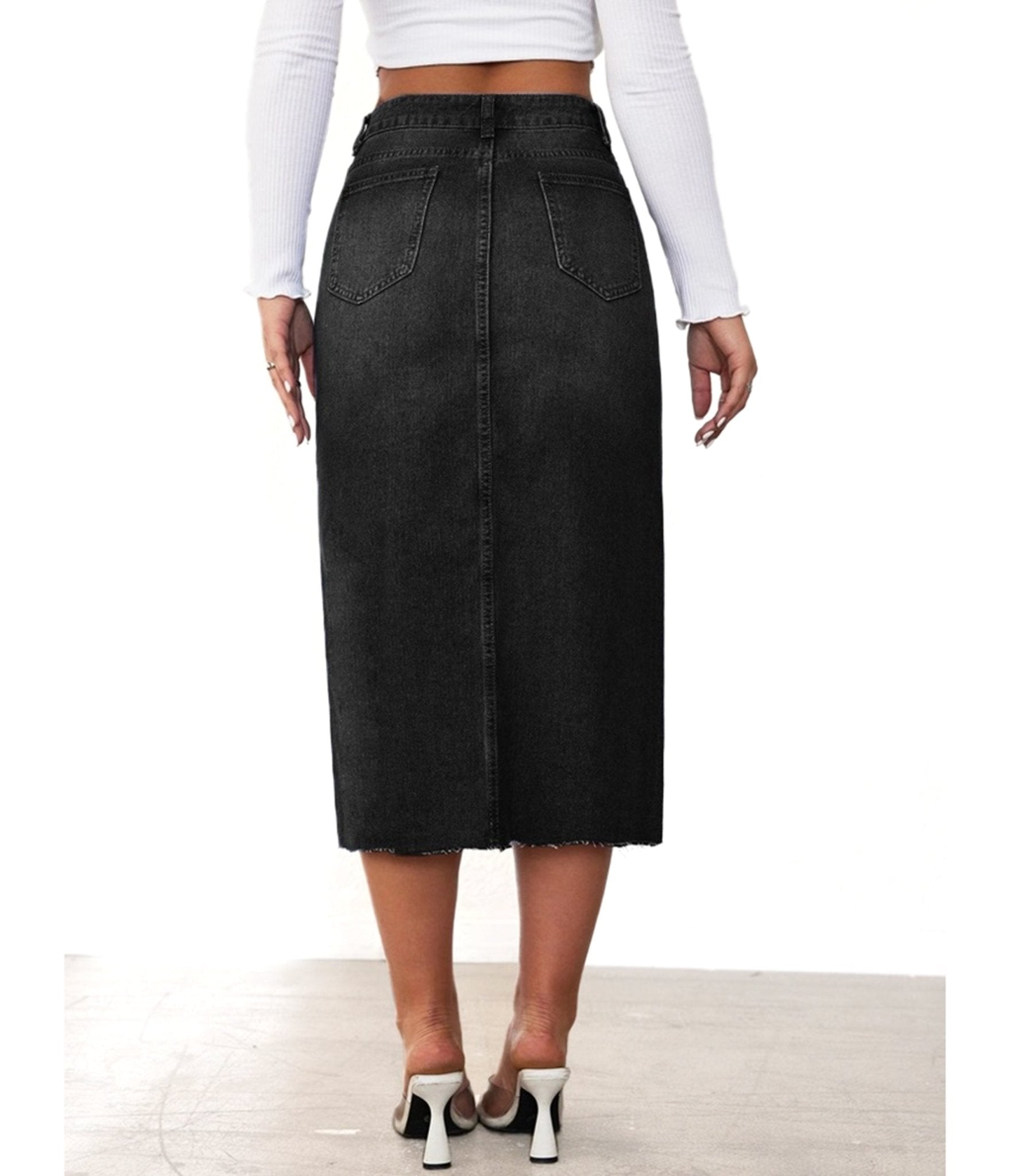 Black Denim Chic Split Midi Skirt - Unique Vintage - Womens, BOTTOMS, SKIRTS