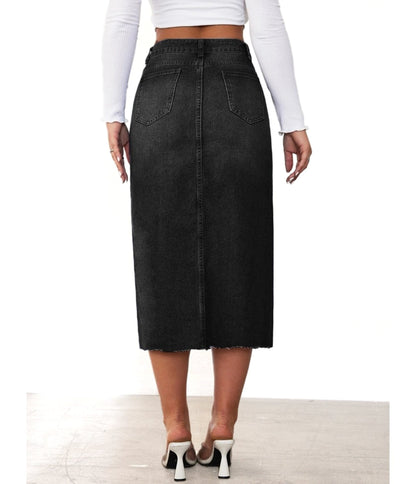 【Anyone more】Rown black midi denim skirt Black Denim Chic Split Midi Skirt – Unique Vintage