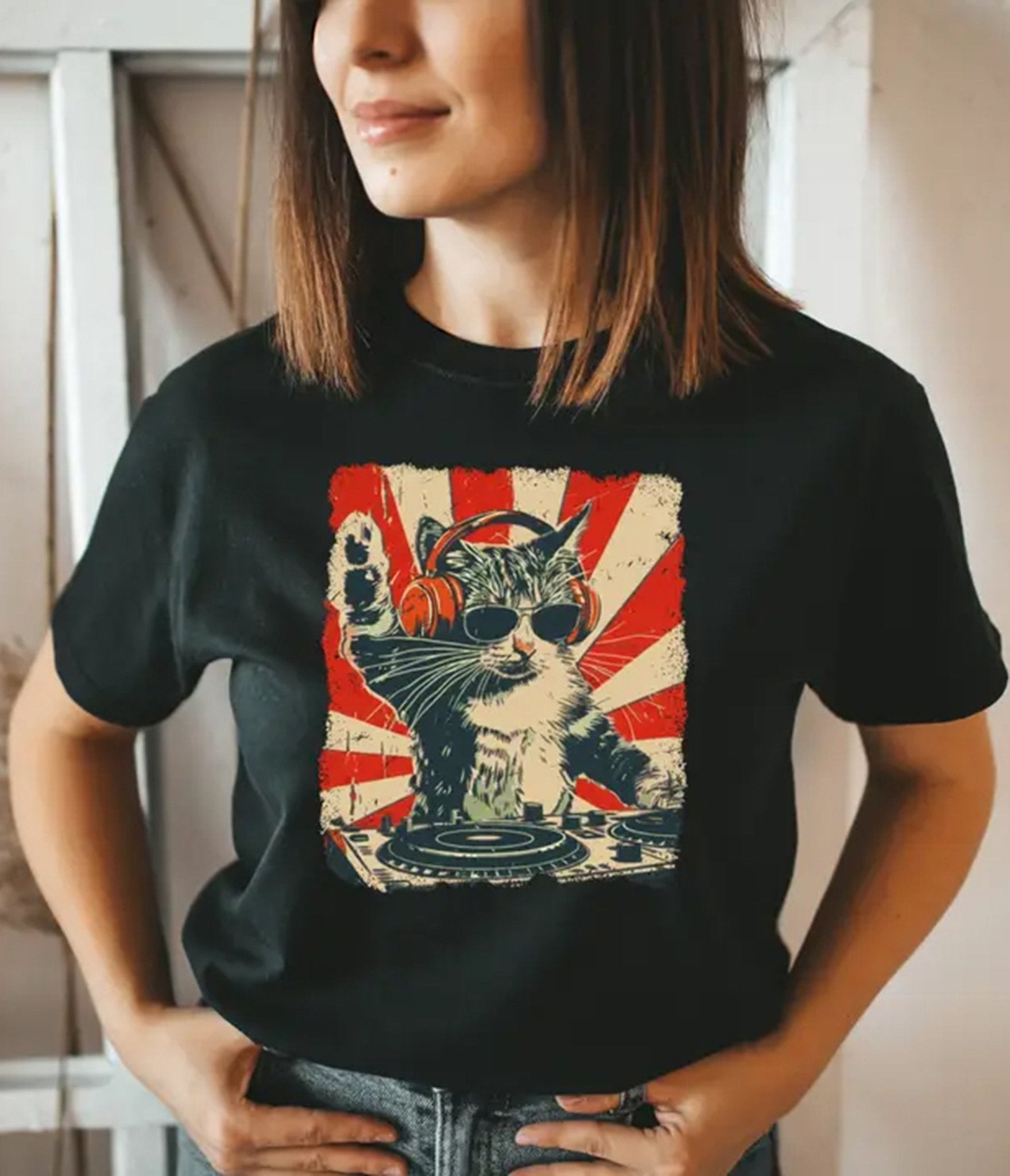 Black Dj Cat Unisex Graphic Tee - Unique Vintage - Womens, GRAPHIC TEES, TEES