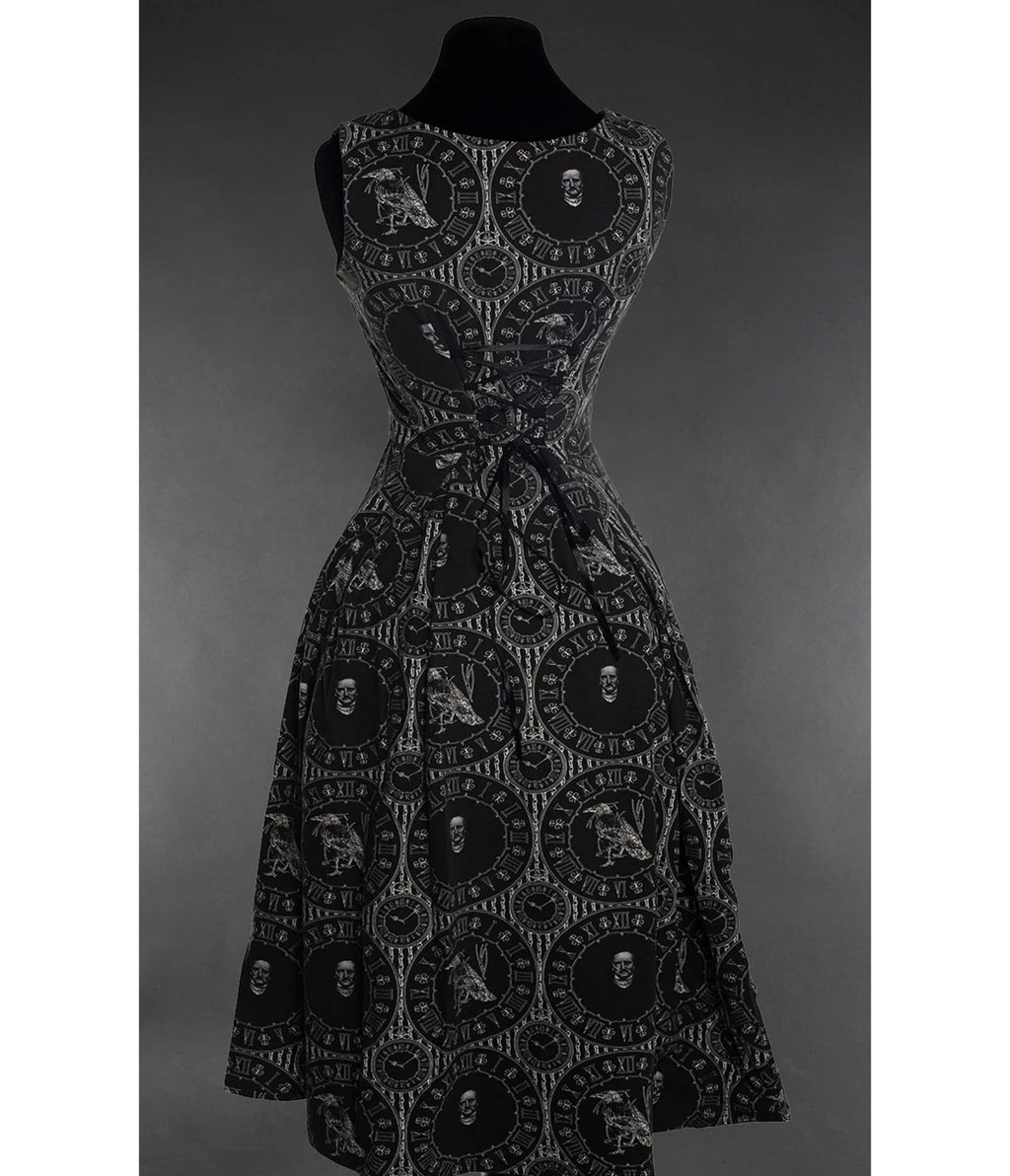 Black Edgar Allan Poe Raven Print Sleeveless Midi Dress - Unique Vintage - Midi Dresses