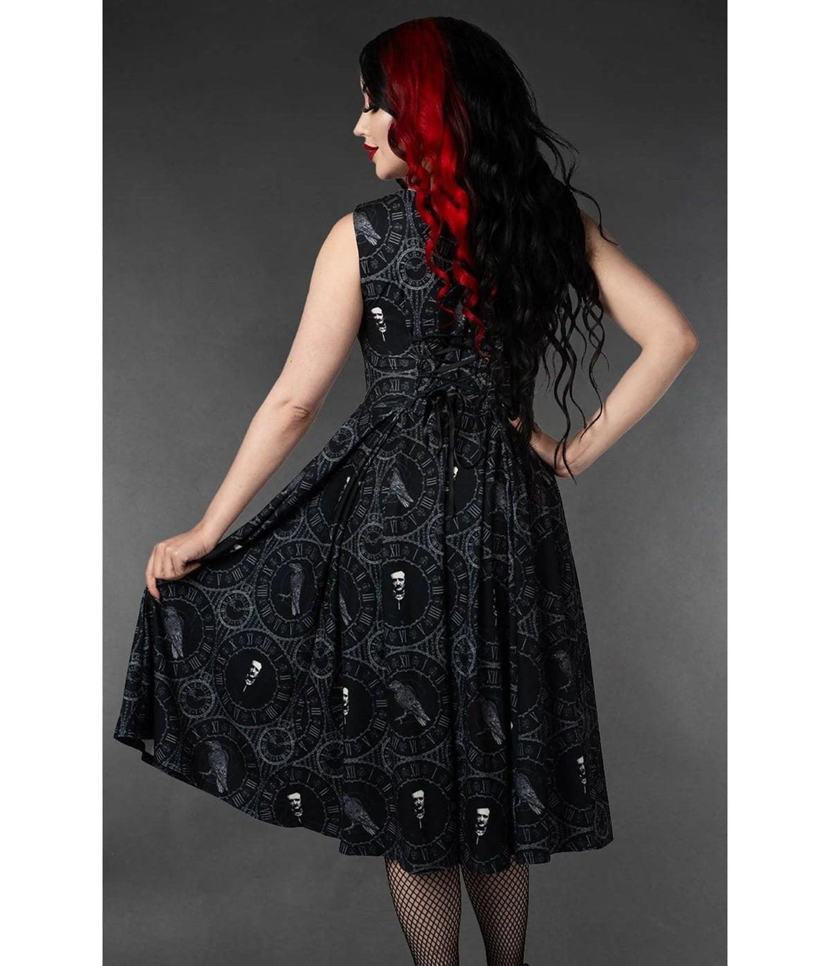 Black Edgar Allan Poe Raven Print Sleeveless Midi Dress - Unique Vintage - Midi Dresses