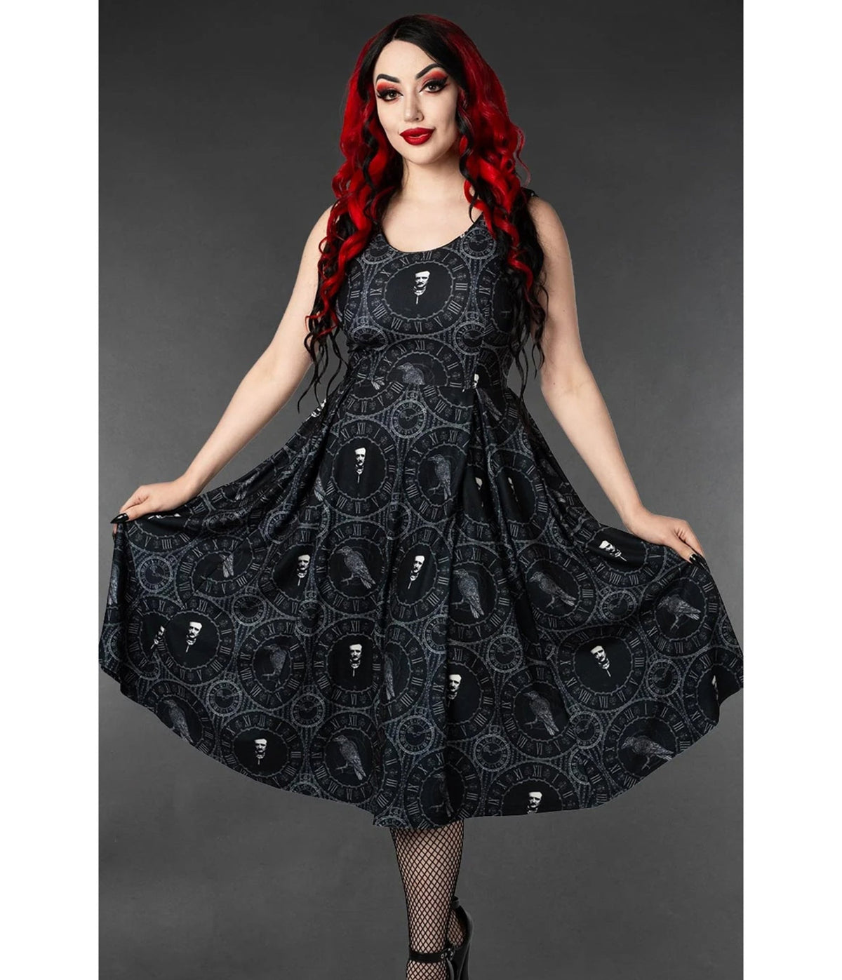 Black Edgar Allan Poe Raven Print Sleeveless Midi Dress - Unique Vintage - Midi Dresses