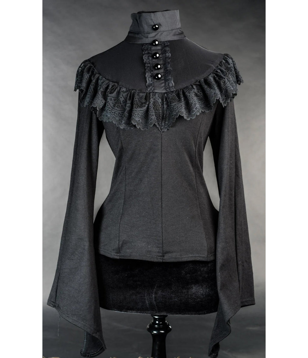 Black Edwardian Lace Ruffle Bell Sleeve Blouse - Unique Vintage - Blouses