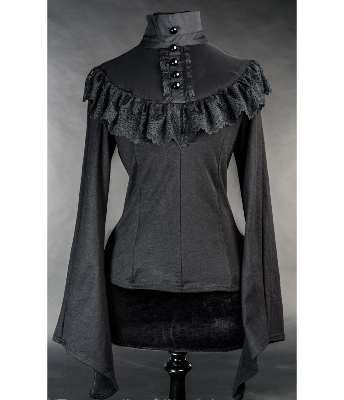 Black Edwardian Lace Ruffle Bell Sleeve Blouse - Unique Vintage - Blouses