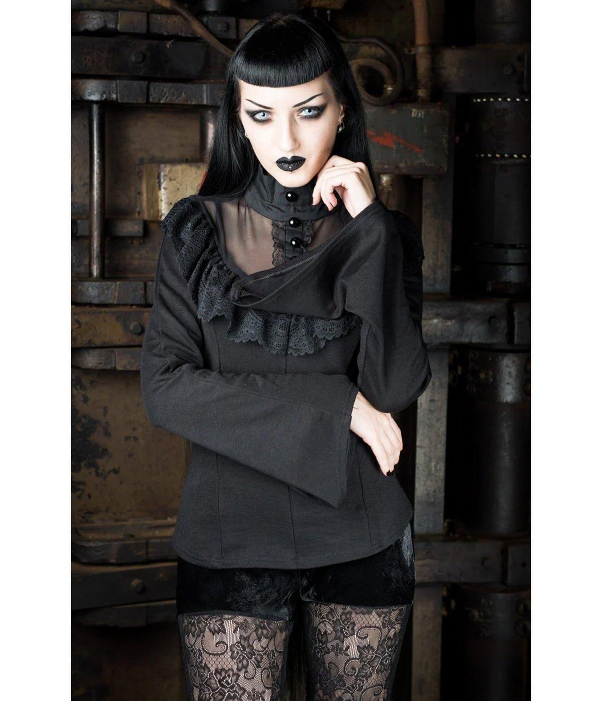 Black Edwardian Lace Ruffle Bell Sleeve Blouse - Unique Vintage - Blouses