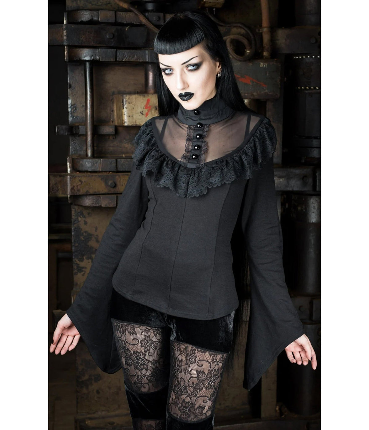 Black Edwardian Lace Ruffle Bell Sleeve Blouse - Unique Vintage - Blouses