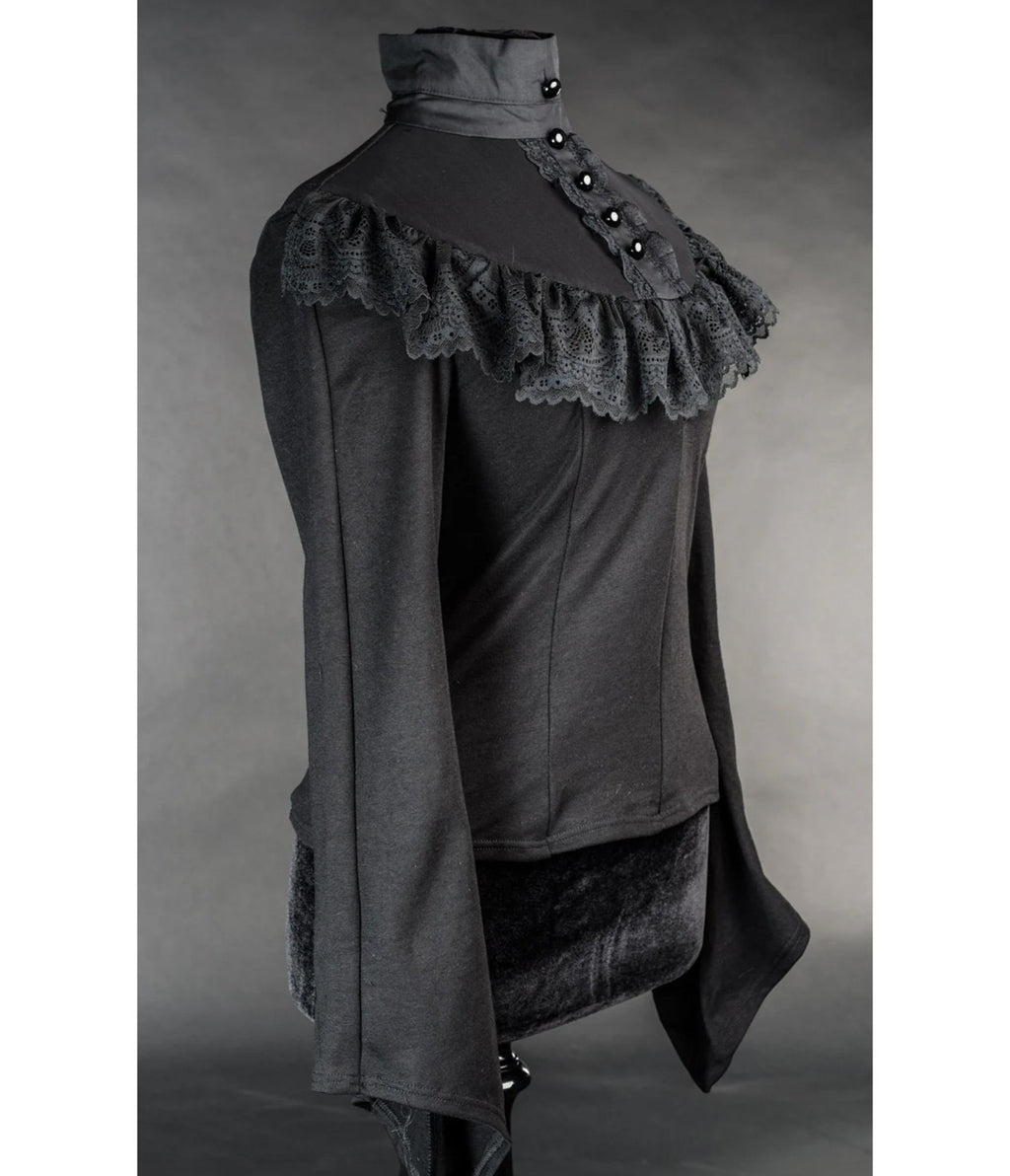 Black Edwardian Lace Ruffle Bell Sleeve Blouse - Unique Vintage - Blouses