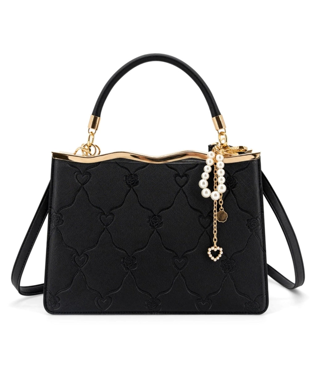 Black Embossed Leatherette Handbag - Unique Vintage - Womens, ACCESSORIES, HANDBAGS