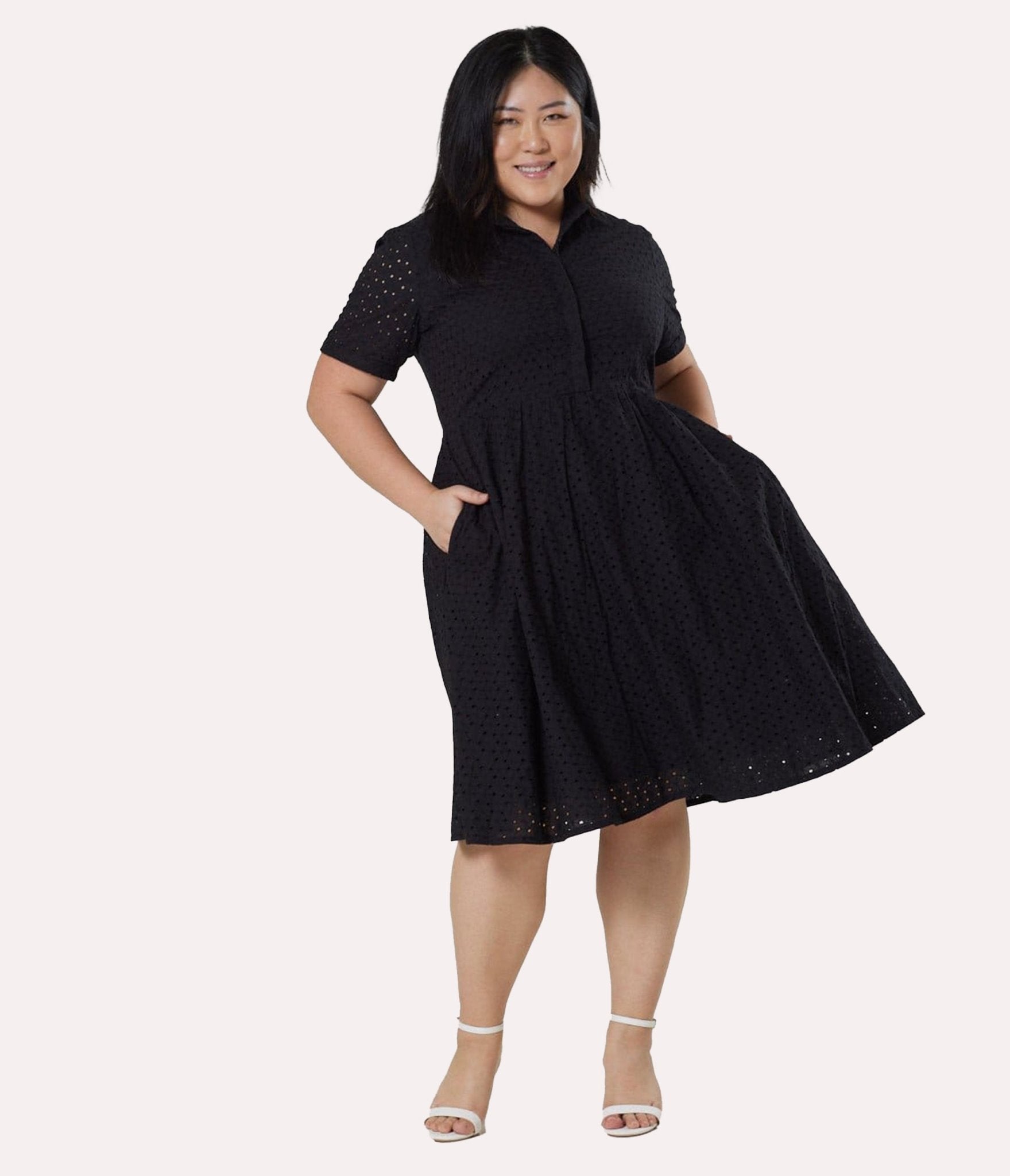 Black Eyelet Short Sleeve Swing Dress - Unique Vintage - Womens, DRESSES, SWING