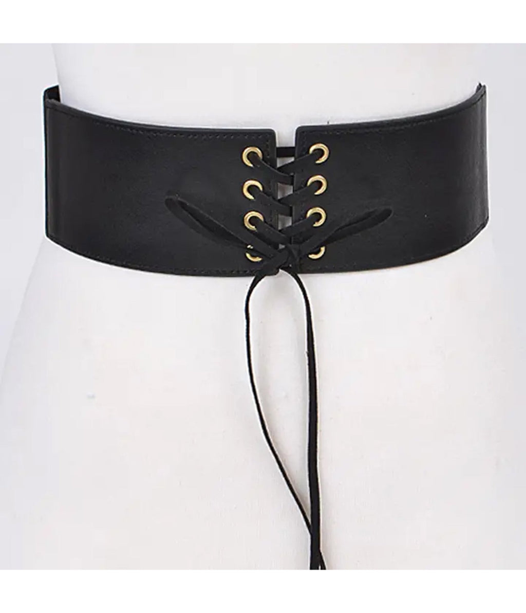Black Faux Leather Lace Up Corset Belt - Unique Vintage - Womens, ACCESSORIES, BELTS
