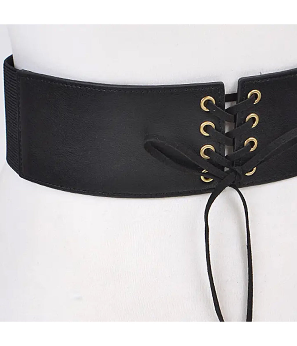 Black Faux Leather Lace Up Corset Belt - Unique Vintage - Womens, ACCESSORIES, BELTS
