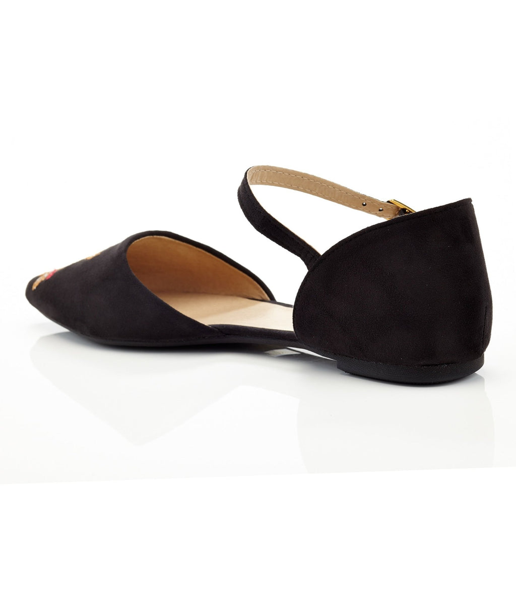 Black & Floral Embroidery Mary Jane Flats - Unique Vintage - Womens, SHOES, FLATS