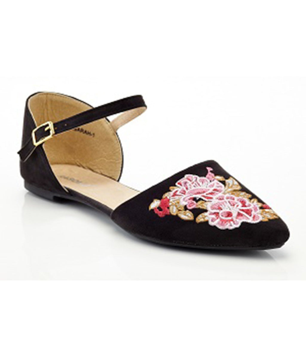 Black & Floral Embroidery Mary Jane Flats - Unique Vintage - Womens, SHOES, FLATS
