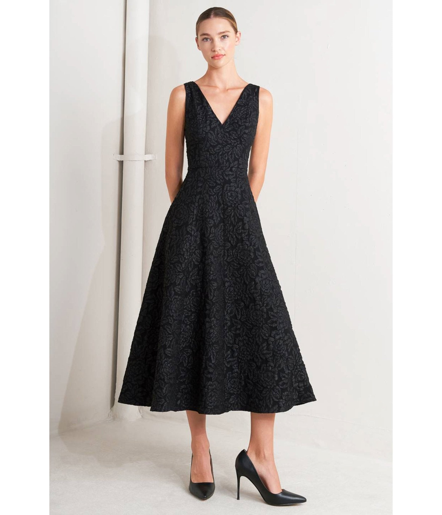 Black Floral Jacquard Midi Dress - Unique Vintage - Womens, DRESSES, A - LINE