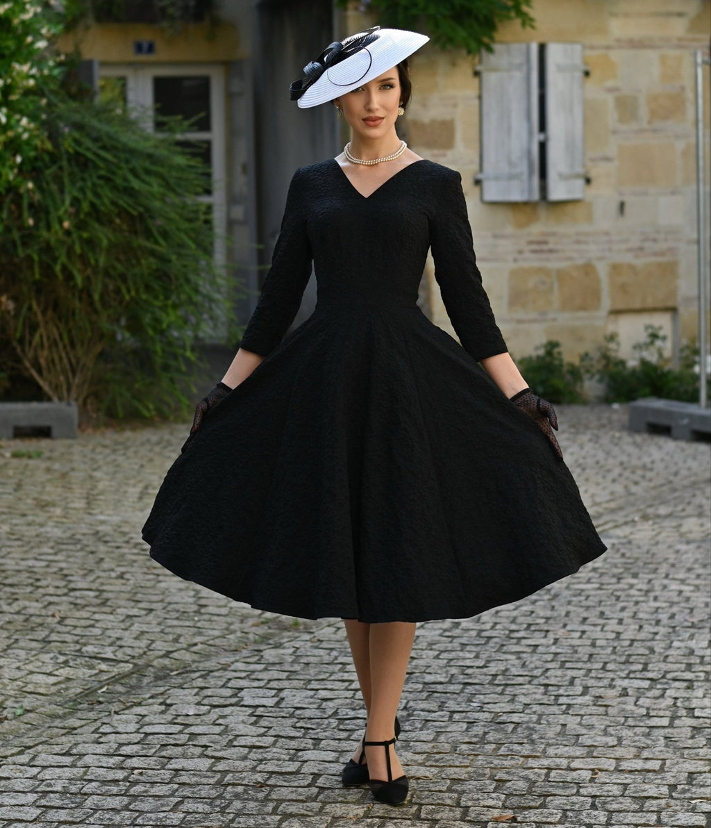 Black Floral Jacquard Piper Swing Dress - Unique Vintage - Womens, DRESSES, SWING