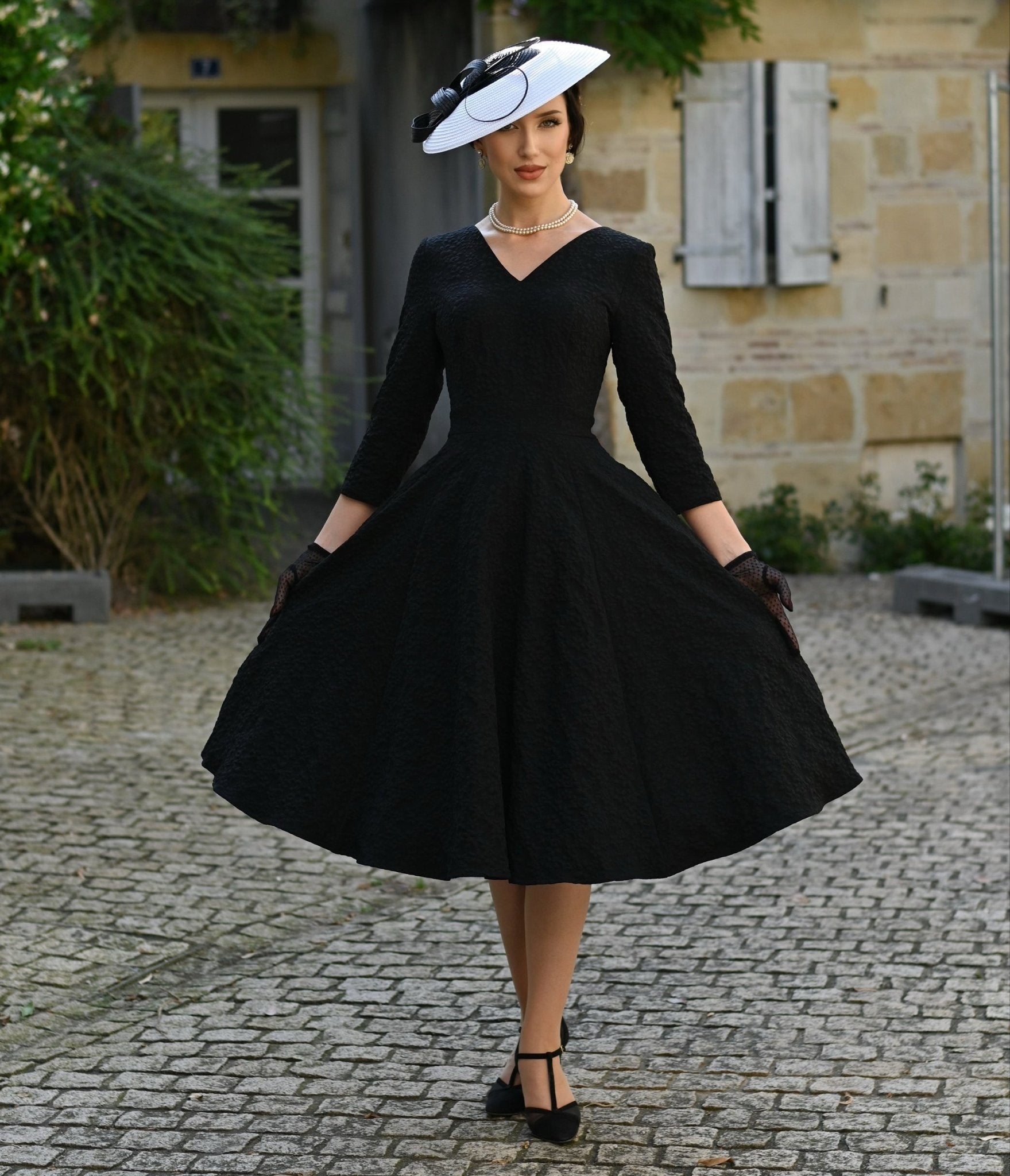 Black Floral Jacquard Piper Swing Dress - Unique Vintage - Womens, DRESSES, SWING