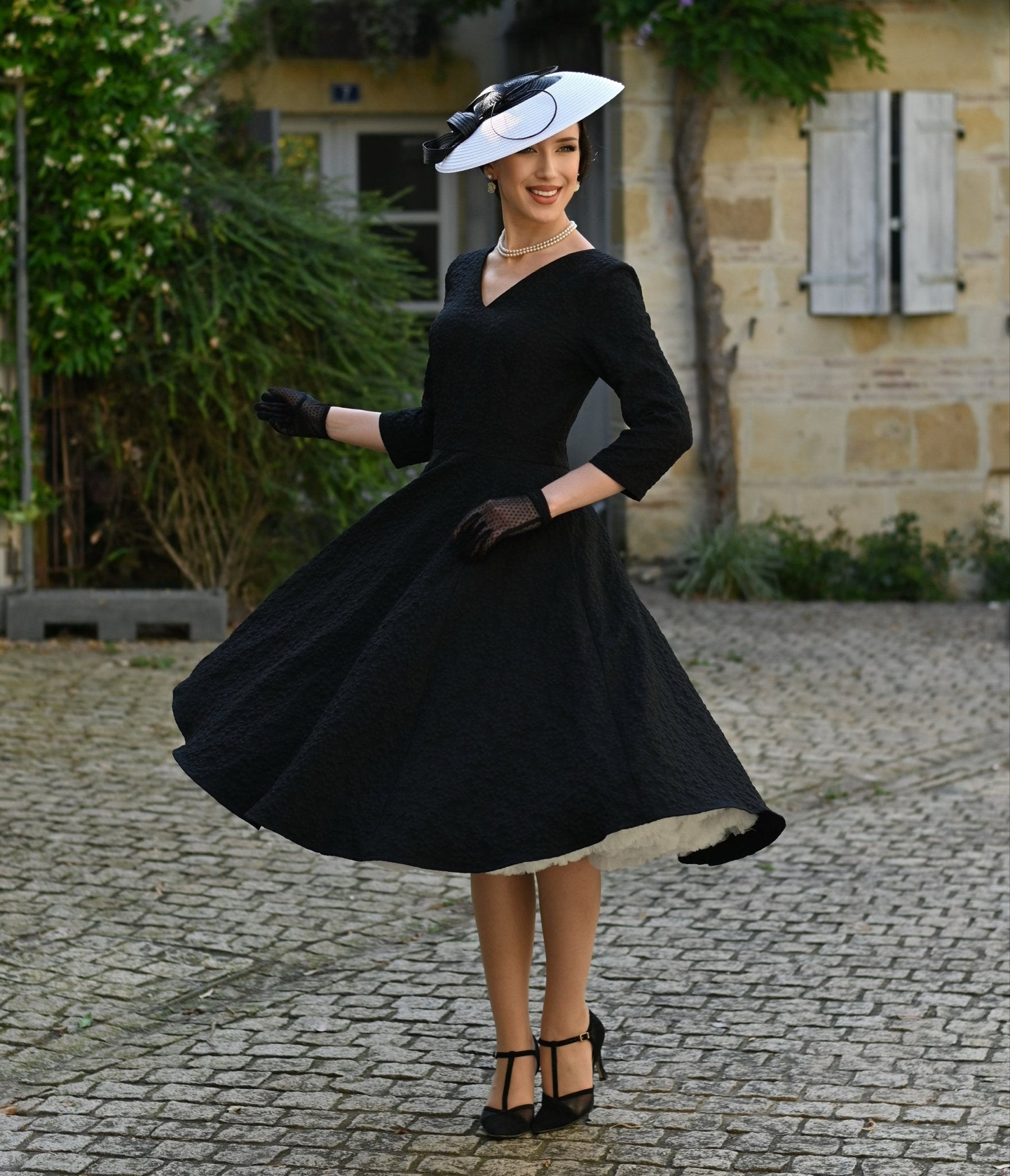 Black Floral Jacquard Piper Swing Dress - Unique Vintage - Womens, DRESSES, SWING